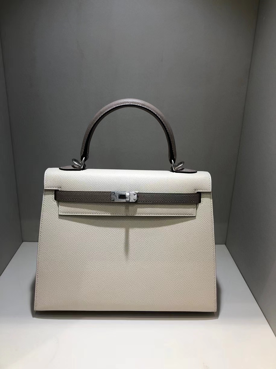 Hermès（爱马仕）Kelly 25cm Epsom 原厂掌纹皮 ck10 奶昔白Craie  M8 沥青灰 gris ashpite 拉丝银扣