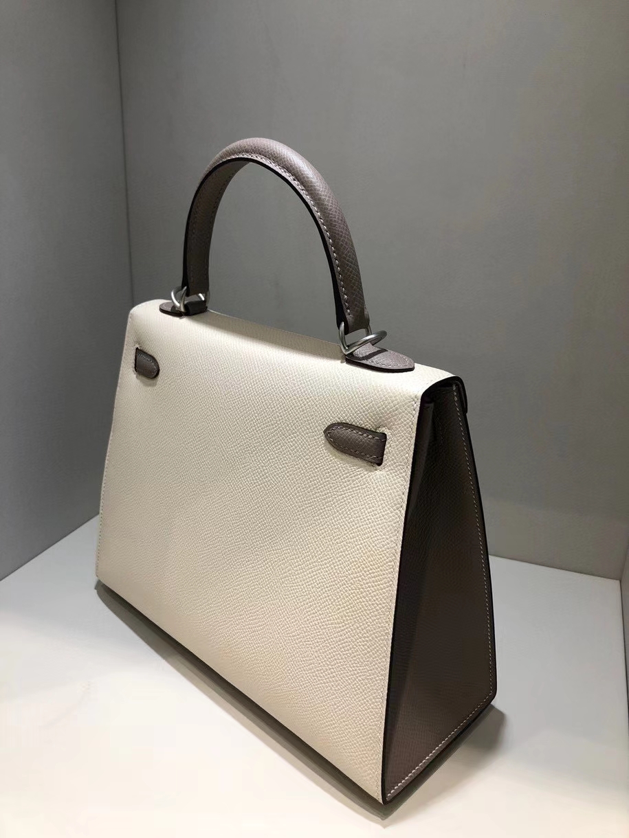 Hermès（爱马仕）Kelly 25cm Epsom 原厂掌纹皮 ck10 奶昔白Craie  M8 沥青灰 gris ashpite 拉丝银扣