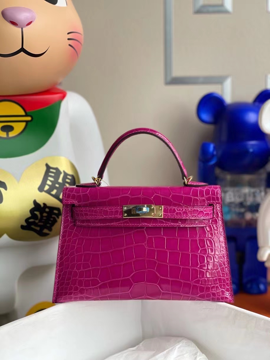 Hermès（爱马仕）Mini kelly ll Alligator shiny 亮面鳄鱼 J5 天方夜谭粉紫 金扣 顶级手缝 现货