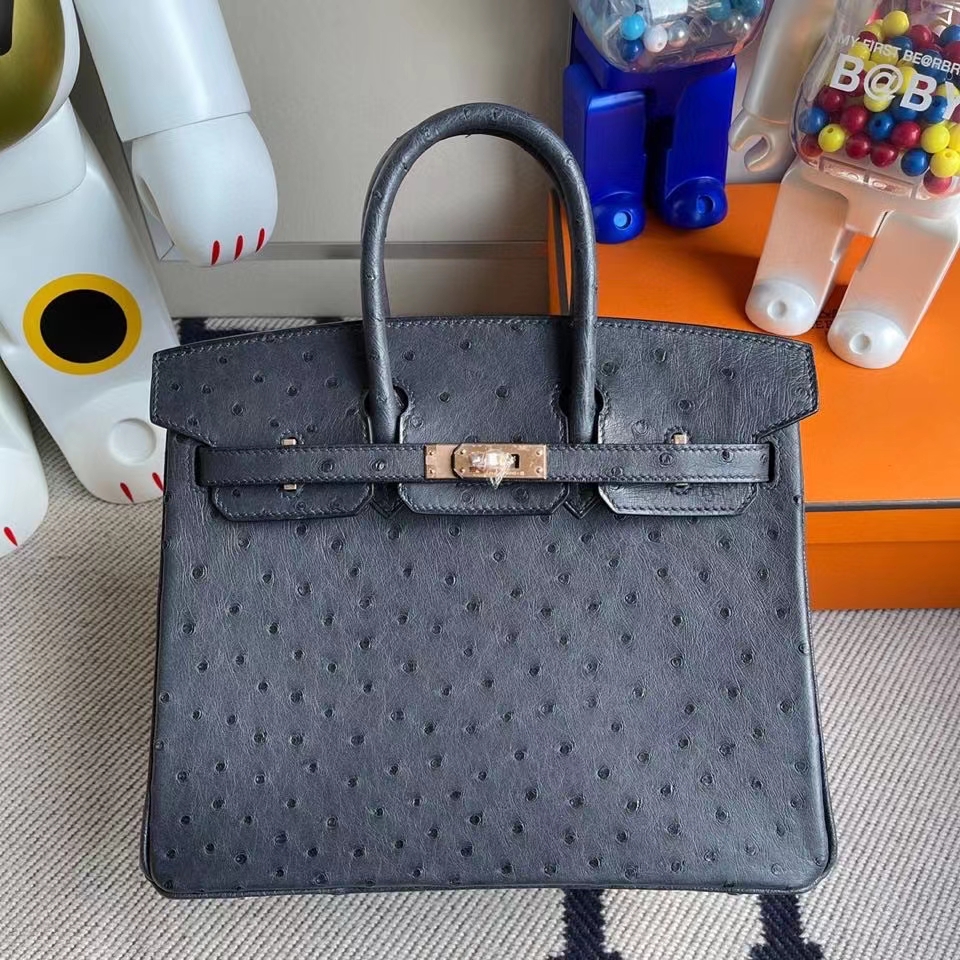 Hermès（爱马仕）Birkin 25cm Ostrich kk鸵鸟 午夜蓝 玫瑰金扣 rose gold