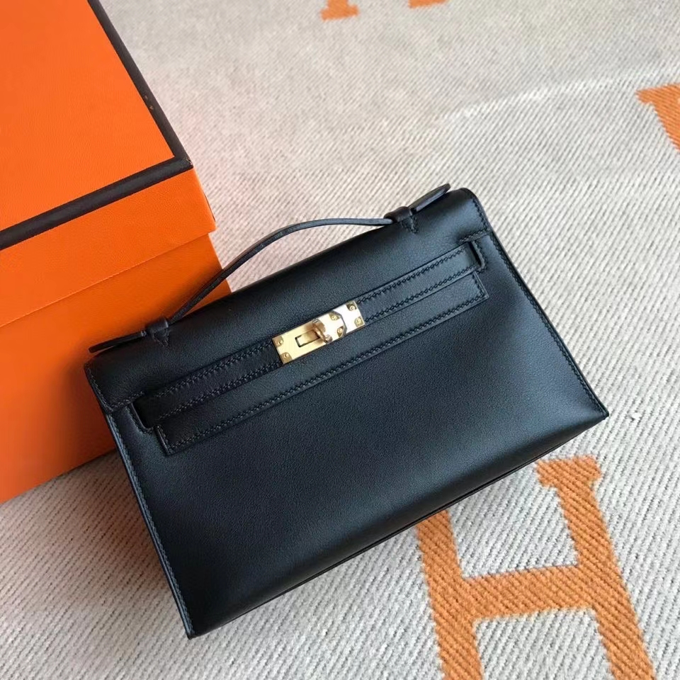 Hermès（爱马仕）Mini Kelly pochette 22cm Swift ck89 黑色 Noir 金扣 银扣 手拿包 晚宴包 顶级手缝 现货