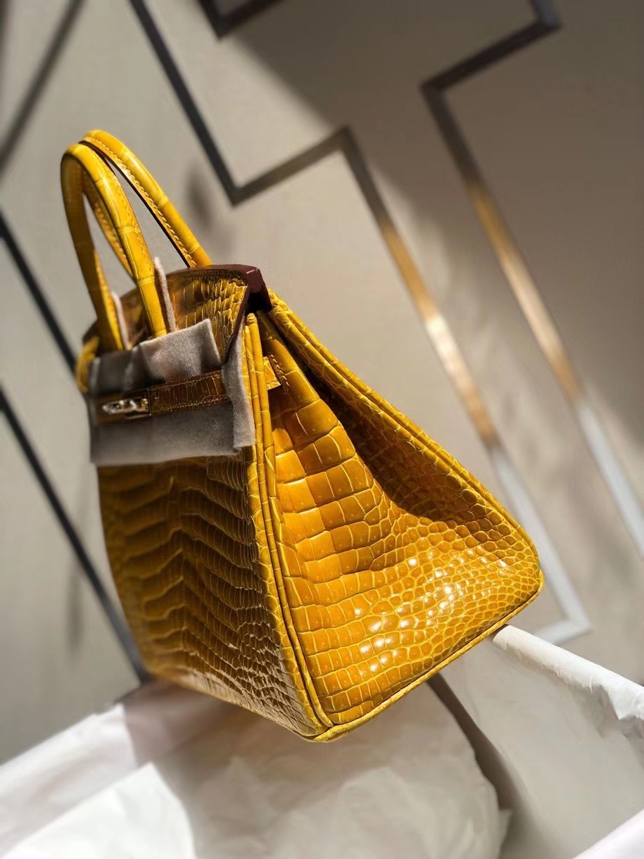 Hermès（爱马仕）Birkin 25cm Porosus shiny 亮面澳洲鳄鱼 9Ｄ 琥珀黄 Ambre 金扣 顶级手缝 现货