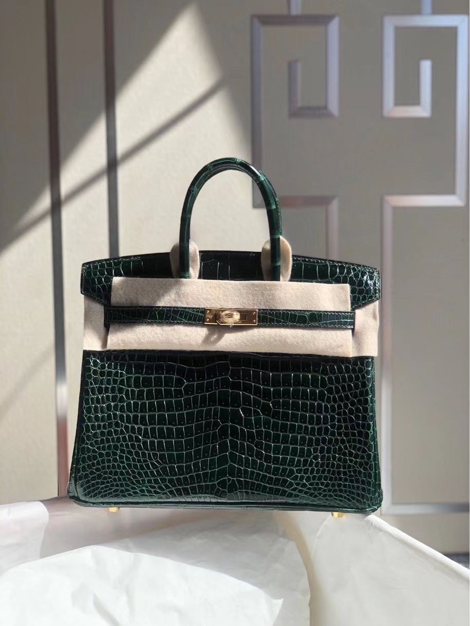 Hermès（爱马仕）Birkin 25cm Porosus shiny 亮面澳洲鳄鱼 祖母绿 金扣 顶级手缝 现货