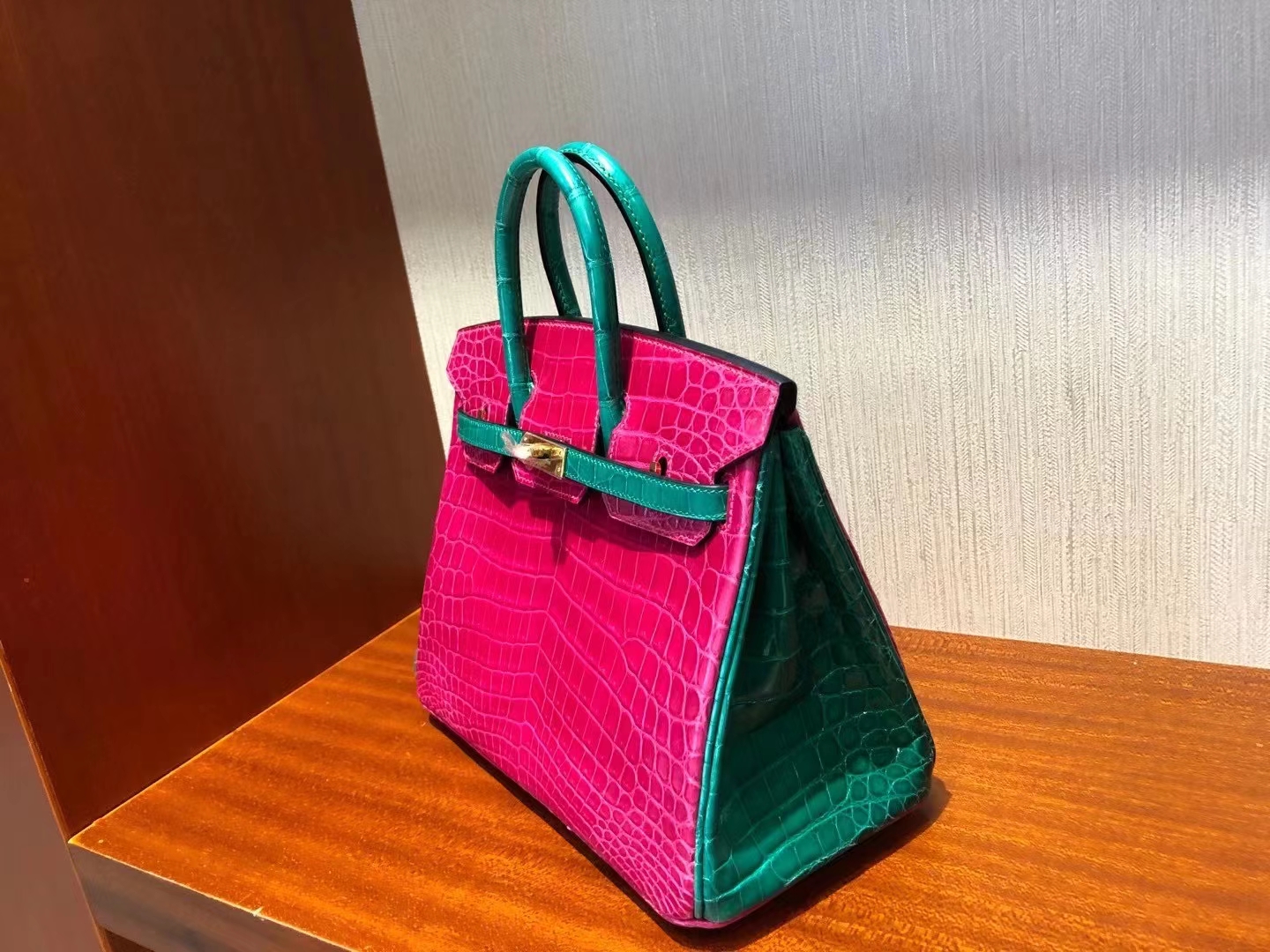 Hermès（爱马仕）Birkin 25cm 天方夜谭粉紫 拼 翡翠绿 金扣 亮面鳄鱼 顶级手缝