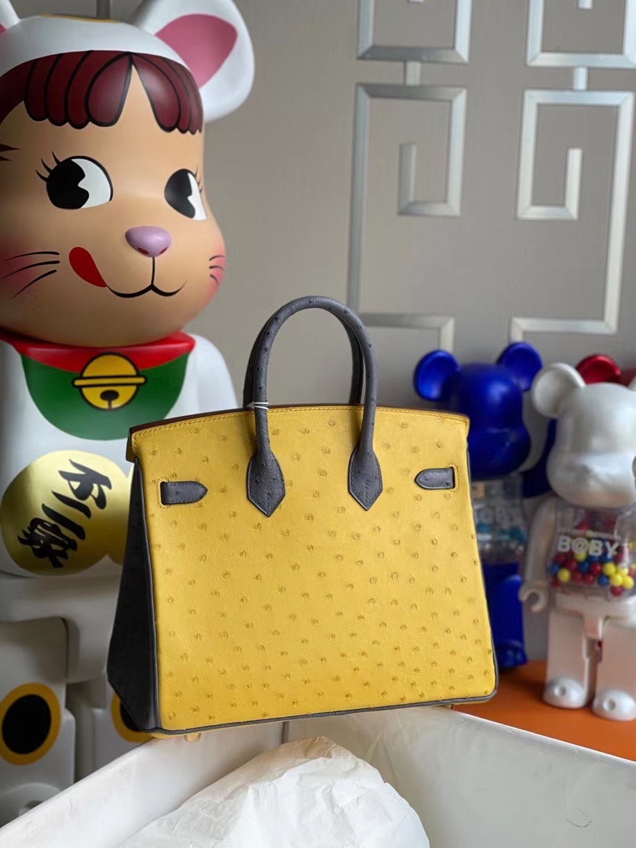 Hermès（爱马仕）Birkin 25cm Ostrich kk鸵鸟9Ｄ琥珀黄 拼 玛瑙灰 金扣 马蹄印 顶级手缝