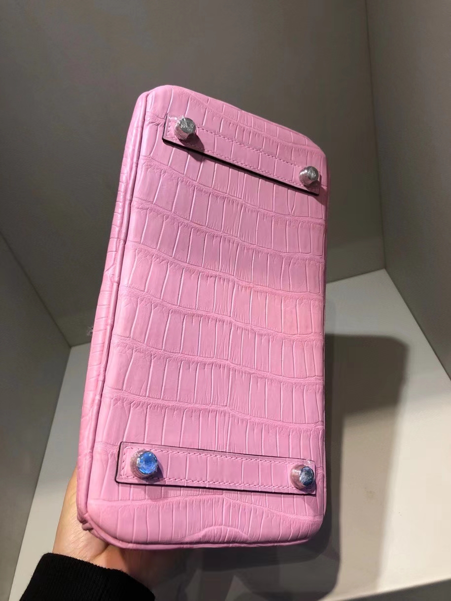 Hermès（爱马仕）Birkin 25cm Porosus shiny 亮面澳洲鳄鱼 5p 樱花粉 银扣 顶级手缝 现货