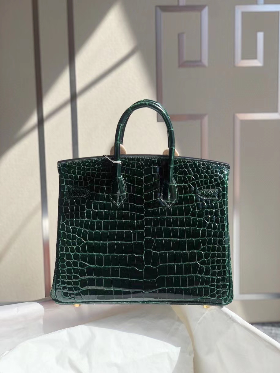Hermès（爱马仕）Birkin 25cm Porosus shiny 亮面澳洲鳄鱼 祖母绿 金扣 顶级手缝 现货