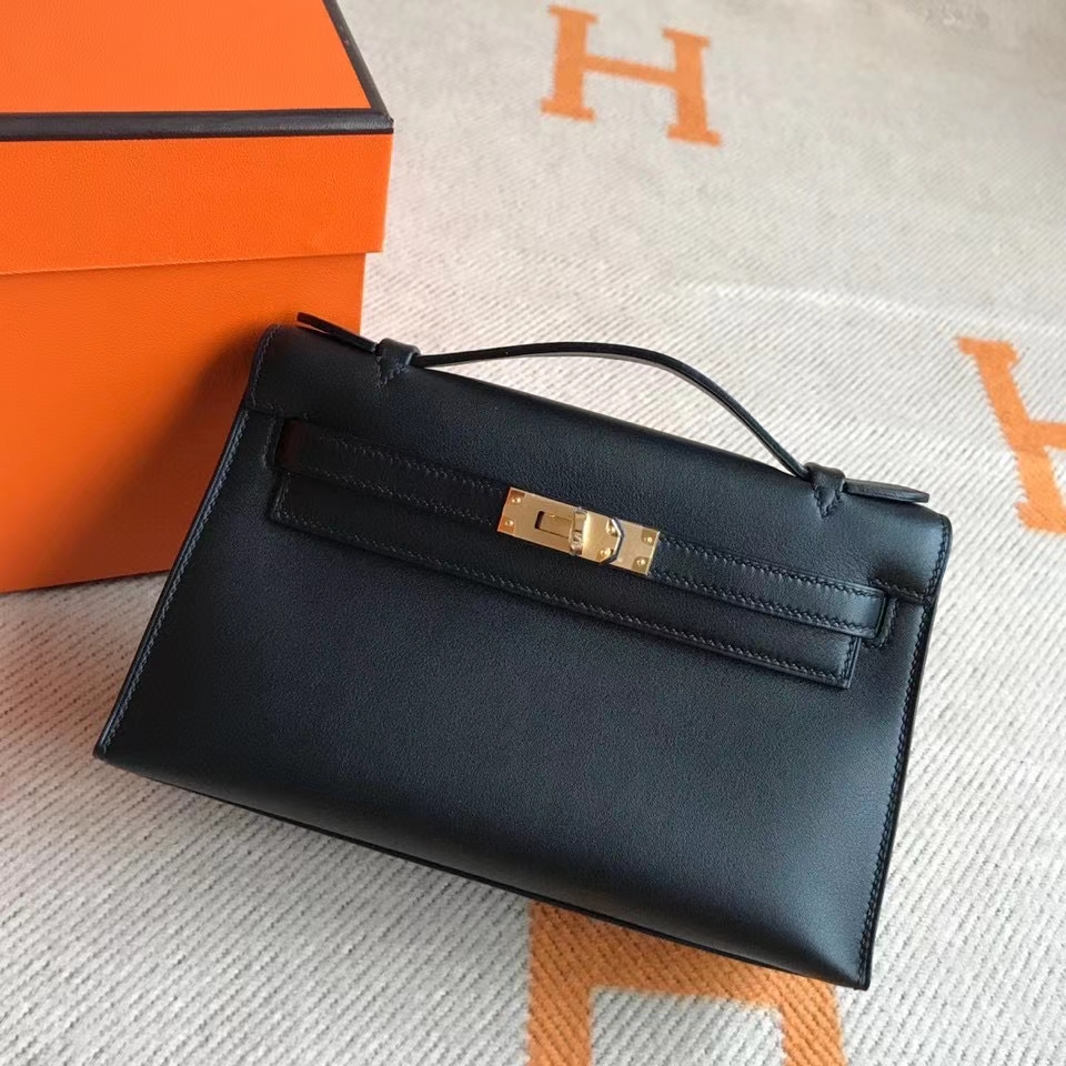 Hermès（爱马仕）Mini Kelly pochette 22cm Swift ck89 黑色 Noir 金扣 银扣 手拿包 晚宴包 顶级手缝 现货