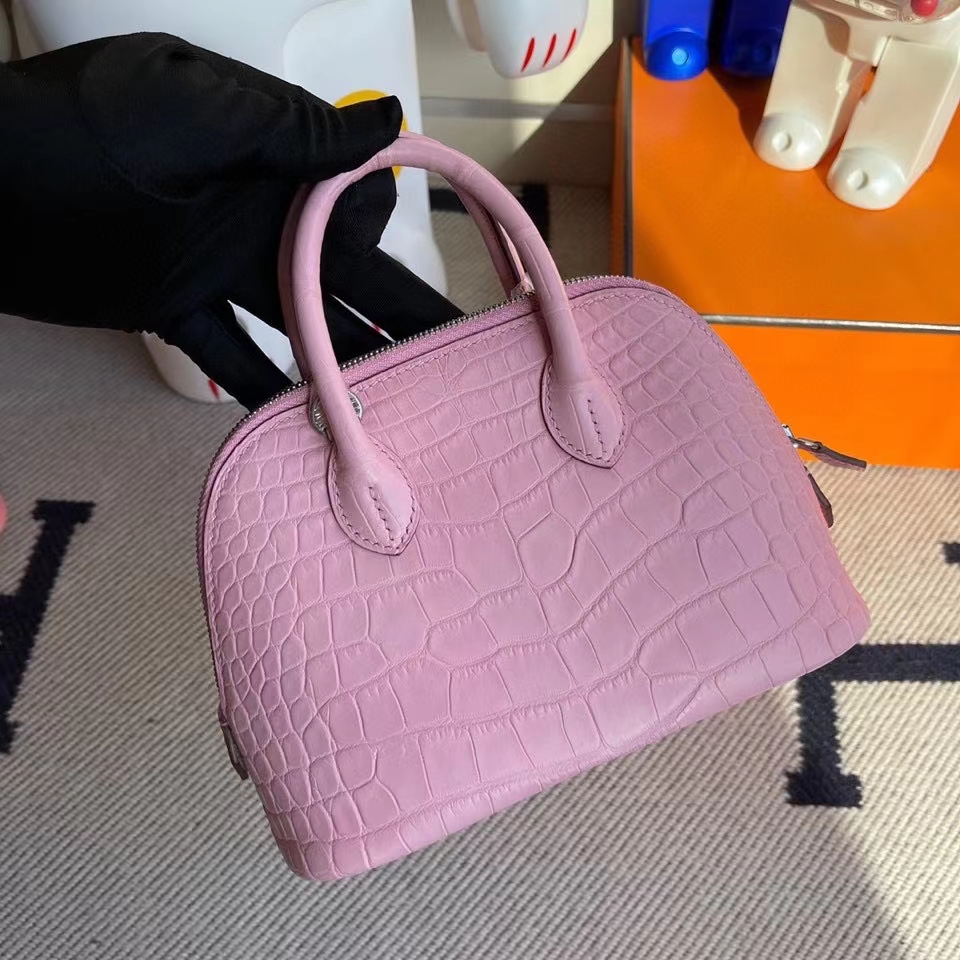 Hermès（爱马仕）Mini Bolide Alligator matt 雾面鳄鱼 5p 樱花粉 银扣 顶级手缝 现货