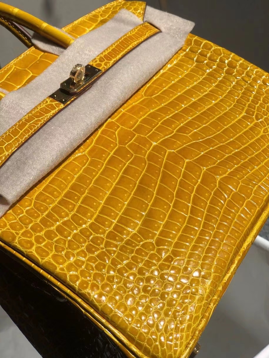 Hermès（爱马仕）Birkin 25cm Porosus shiny 亮面澳洲鳄鱼 9Ｄ 琥珀黄 Ambre 金扣 顶级手缝 现货