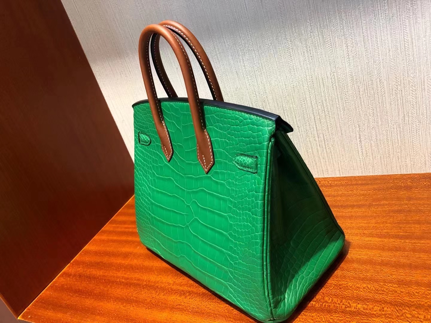 Hermès（爱马仕）Birkin 25cm Alligator matt 竹子绿拼马鞍皮棕色手腕 银扣 顶级手缝