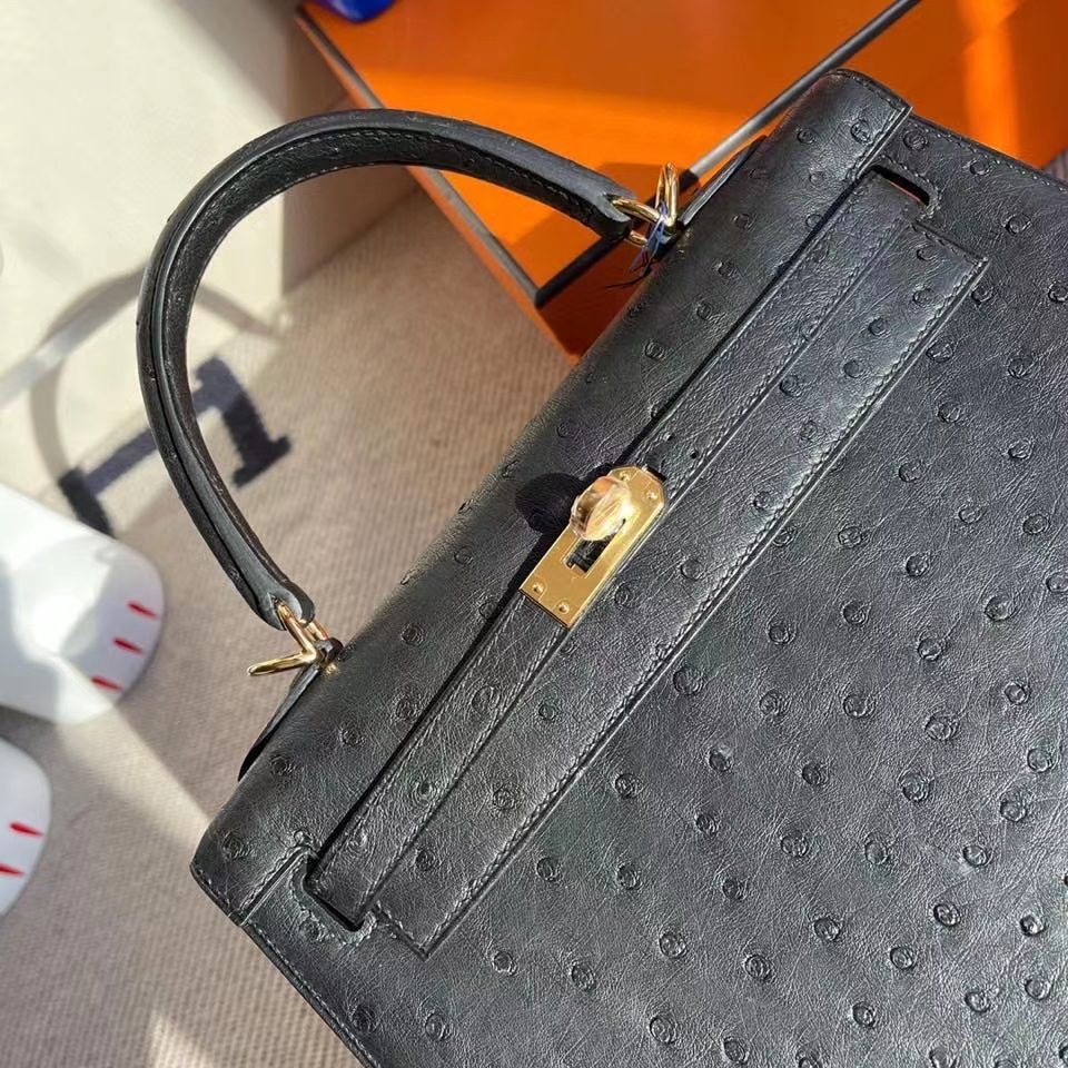 Hermès（爱马仕）Kelly 25cm Ostrich kk鸵鸟 ck89 黑色 Noir 金扣 顶级手缝 定制