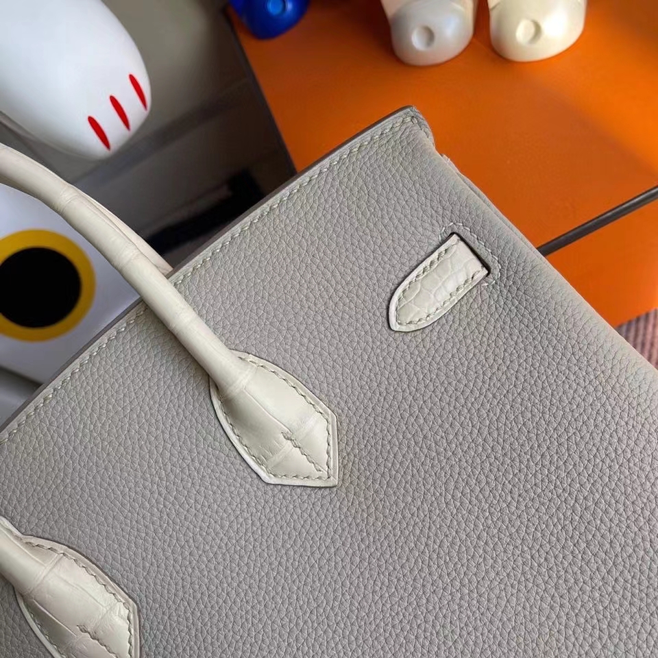 Hermès（爱马仕）Birkin 25cm Touch 系列！ck80 珍珠灰 拼雾面方块奶油白 银扣 顶级手缝