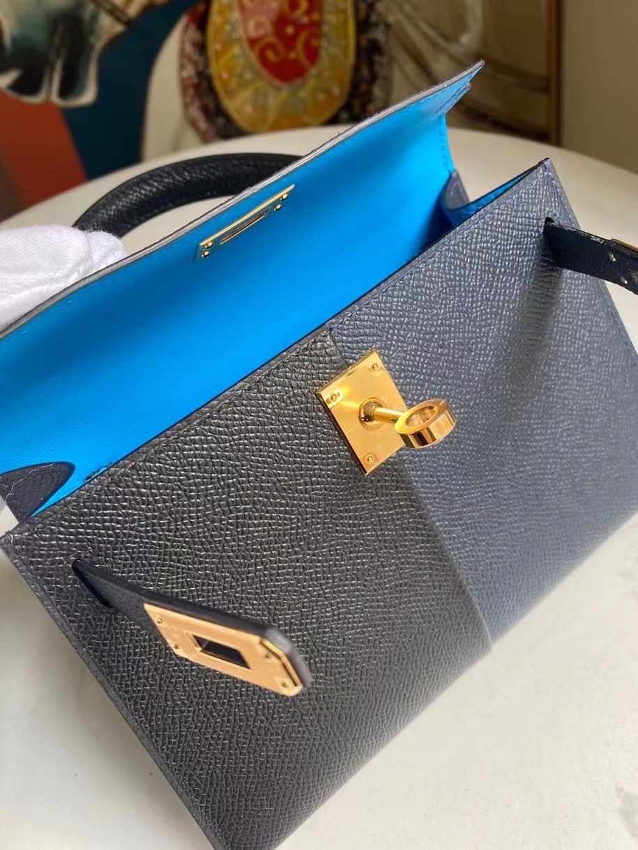 Hermès（爱马仕）Mini kelly ll Epsom 原厂掌纹皮 ck89 黑色午夜蓝 拼 B3坦桑尼亚蓝 金扣 顶级手缝 现货