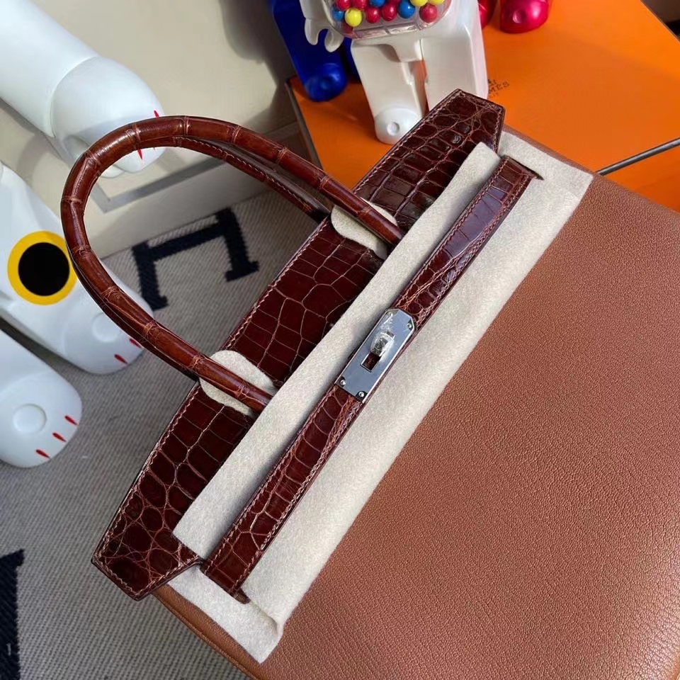 Hermès（爱马仕）Birkin 30cm 山羊皮 Chevre 蜜糖棕拼亮面鳄鱼 蜜糖棕 银扣 顶级手缝 定制