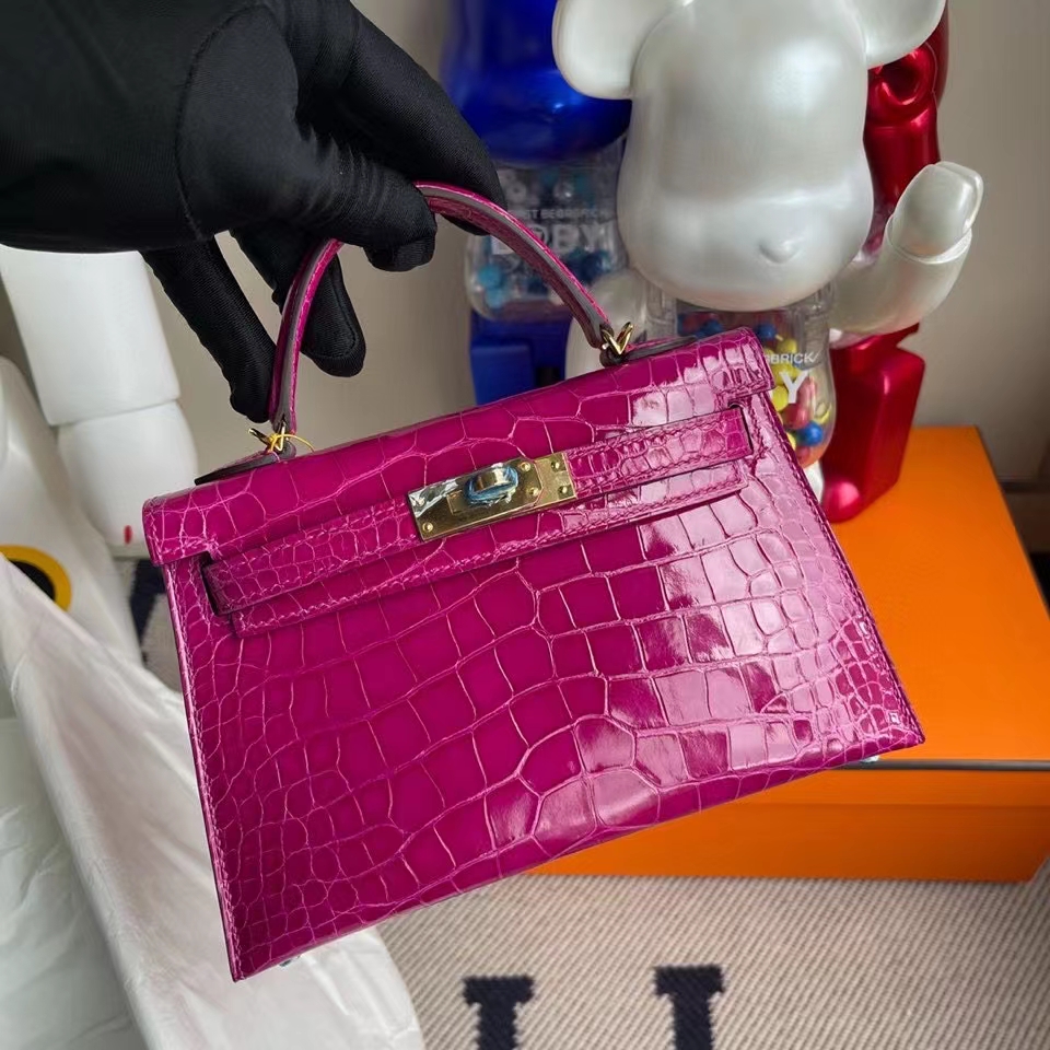Hermès（爱马仕）Mini kelly ll Alligator shiny 亮面鳄鱼 J5 天方夜谭粉紫 金扣 顶级手缝 现货