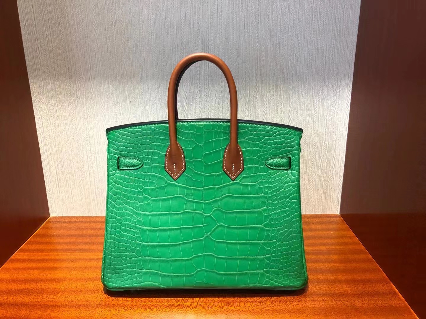 Hermès（爱马仕）Birkin 25cm Alligator matt 竹子绿拼马鞍皮棕色手腕 银扣 顶级手缝