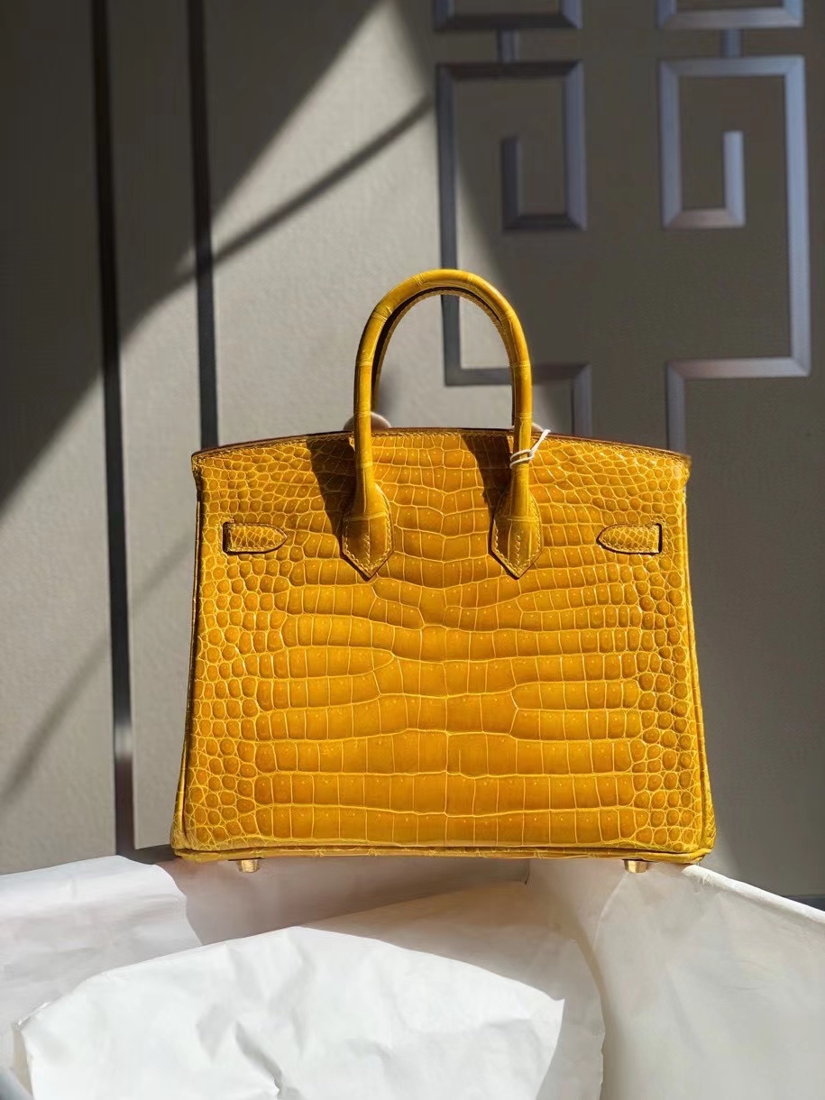 Hermès（爱马仕）Birkin 25cm Porosus shiny 亮面澳洲鳄鱼 9Ｄ 琥珀黄 Ambre 金扣 顶级手缝 现货