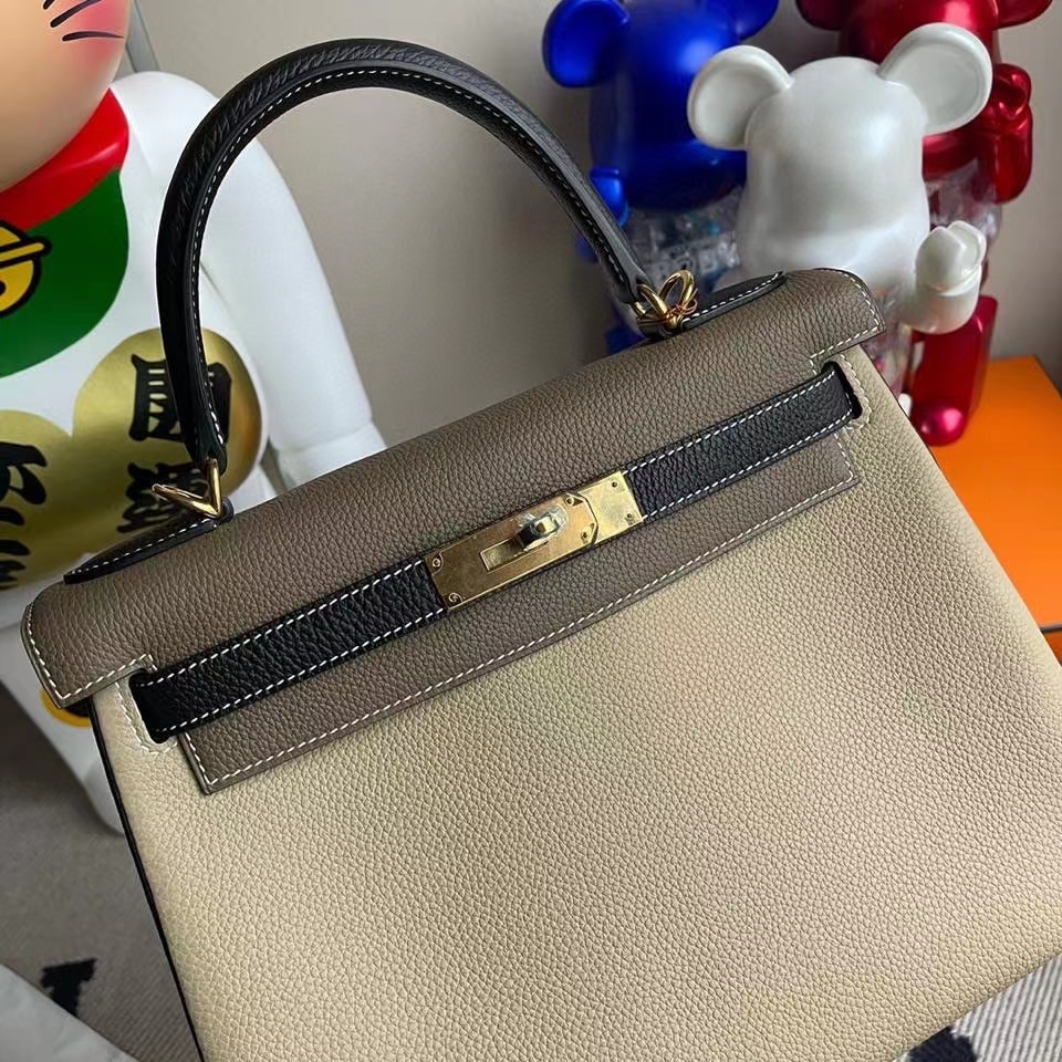 Hermès（爱马仕）Kelly 28cm 原厂小牛皮 togo ck81 斑鸠灰黑色大象灰  白色线 金扣 马蹄印 顶级手缝