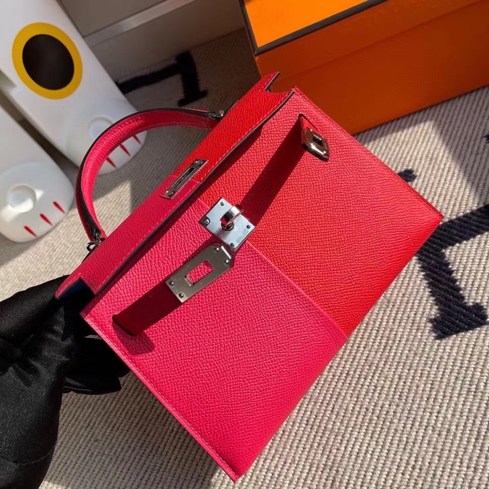 Hermès（爱马仕）Mini kelly ll Epsom 原厂掌纹皮 极致粉心红色 内拼 坦桑尼亚蓝 银扣 顶级手缝 现货