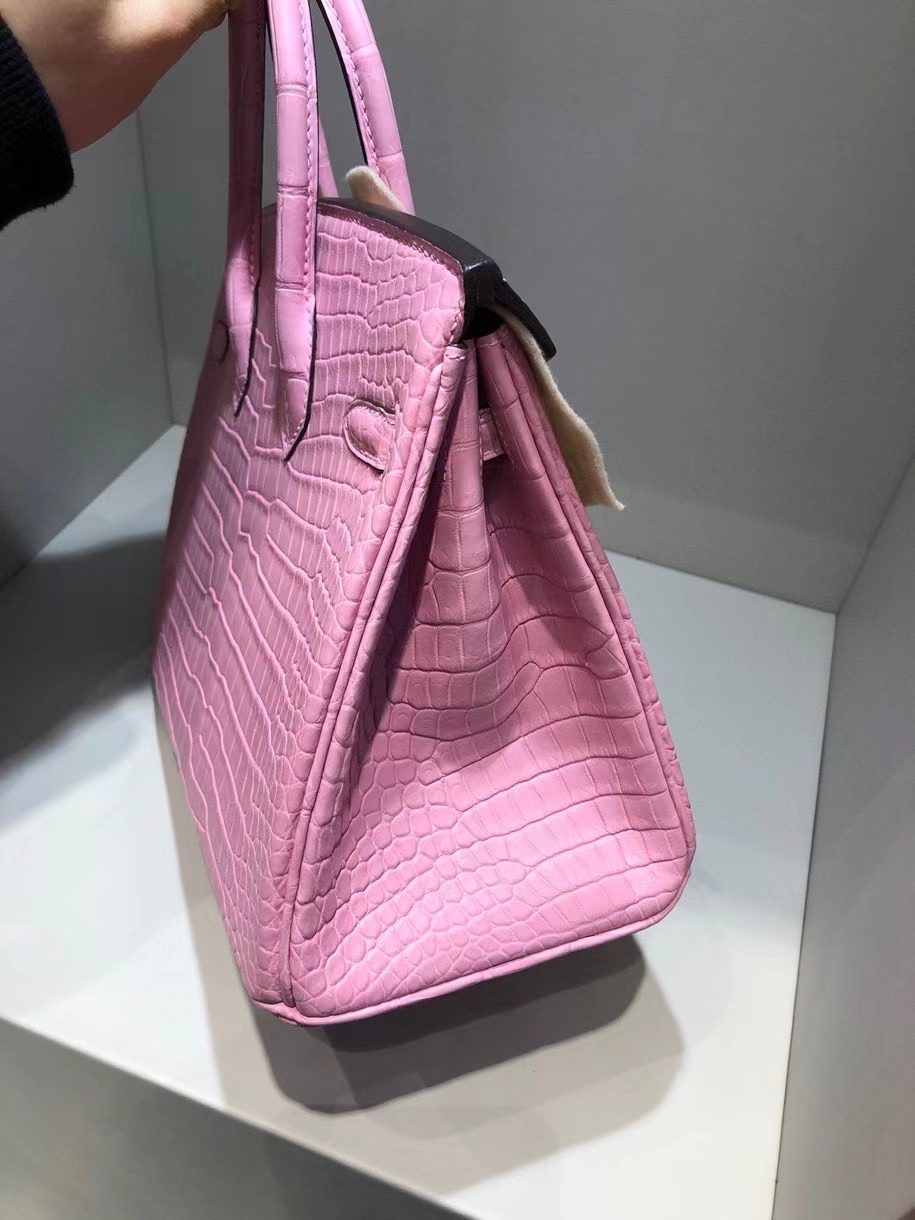 Hermès（爱马仕）Birkin 25cm Porosus shiny 亮面澳洲鳄鱼 5p 樱花粉 银扣 顶级手缝 现货