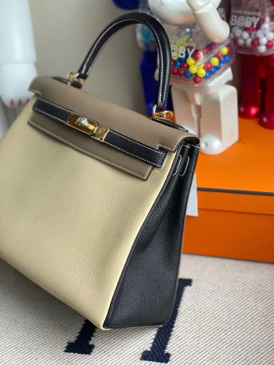 Hermès（爱马仕）Kelly 28cm 原厂小牛皮 togo ck81 斑鸠灰黑色大象灰  白色线 金扣 马蹄印 顶级手缝