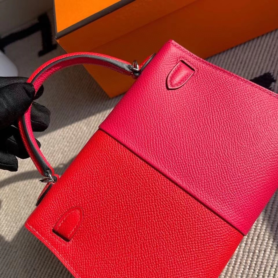 Hermès（爱马仕）Mini kelly ll Epsom 原厂掌纹皮 极致粉心红色 内拼 坦桑尼亚蓝 银扣 顶级手缝 现货