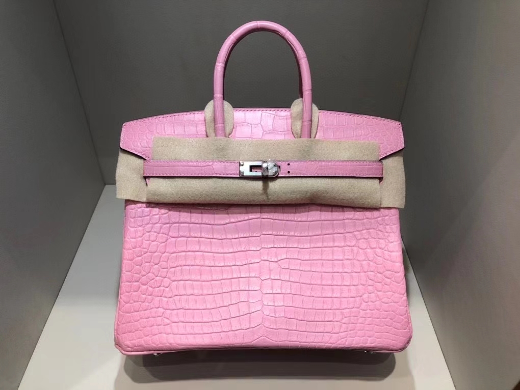 Hermès（爱马仕）Birkin 25cm Porosus shiny 亮面澳洲鳄鱼 5p 樱花粉 银扣 顶级手缝 现货