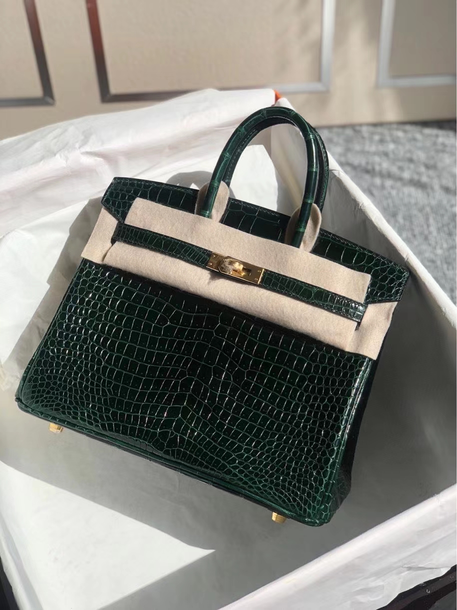 Hermès（爱马仕）Birkin 25cm Porosus shiny 亮面澳洲鳄鱼 祖母绿 金扣 顶级手缝 现货