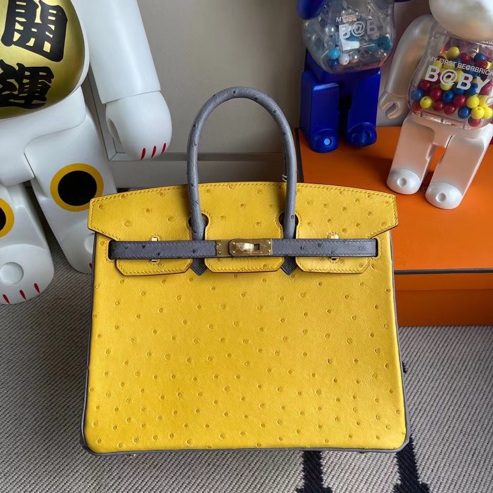 Hermès（爱马仕）Birkin 25cm Ostrich kk鸵鸟9Ｄ琥珀黄 拼 玛瑙灰 金扣 马蹄印 顶级手缝