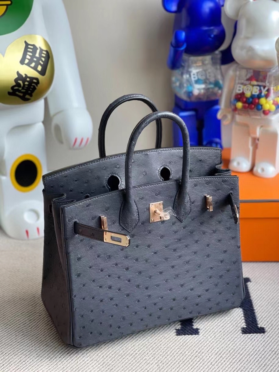 Hermès（爱马仕）Birkin 25cm Ostrich kk鸵鸟 午夜蓝 玫瑰金扣 rose gold