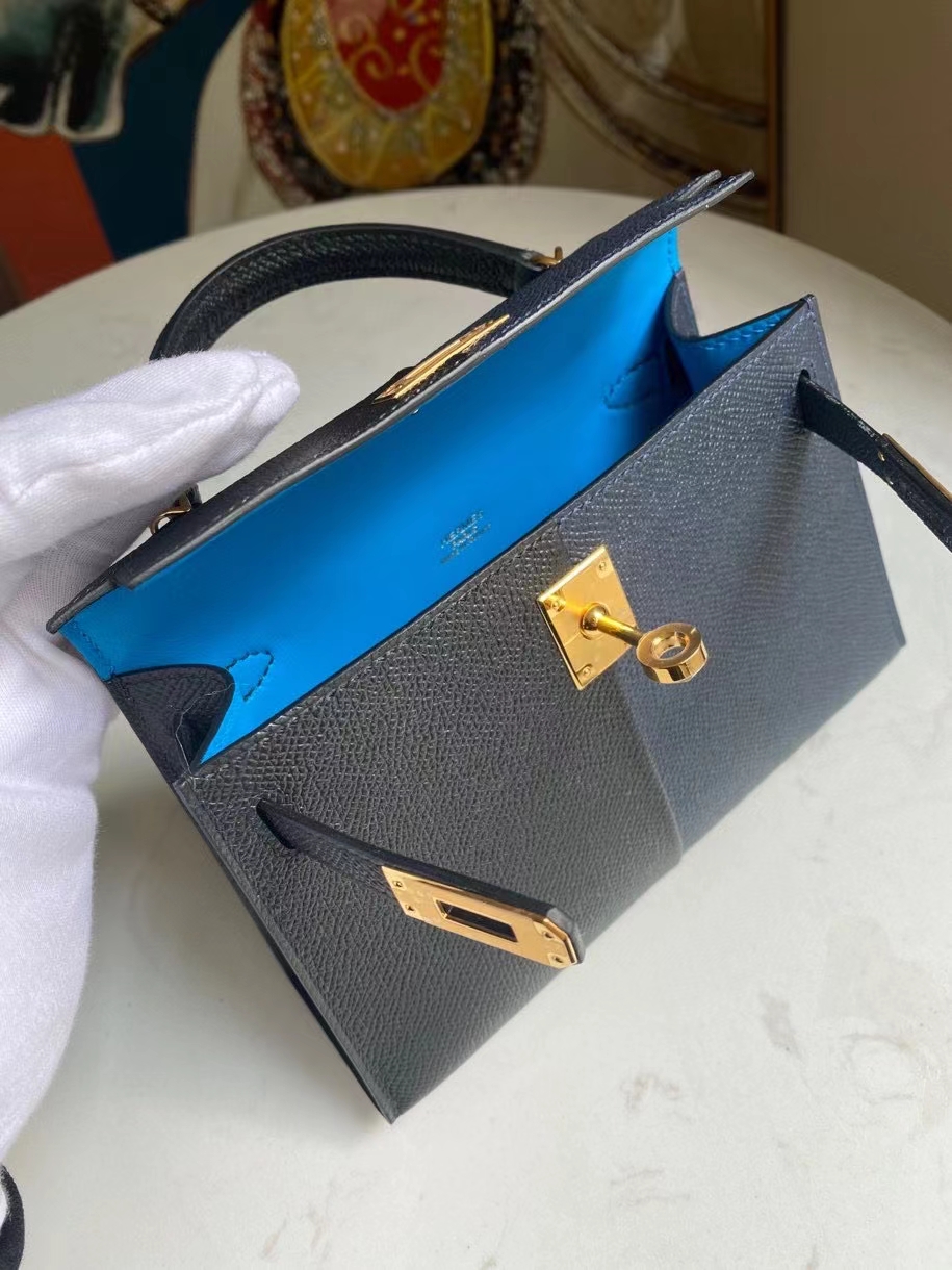 Hermès（爱马仕）Mini kelly ll Epsom 原厂掌纹皮 ck89 黑色午夜蓝 拼 B3坦桑尼亚蓝 金扣 顶级手缝 现货