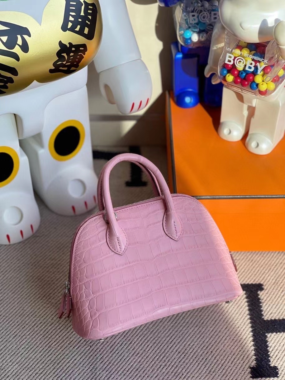 Hermès（爱马仕）Mini Bolide Alligator matt 雾面鳄鱼 5p 樱花粉 银扣 顶级手缝 现货