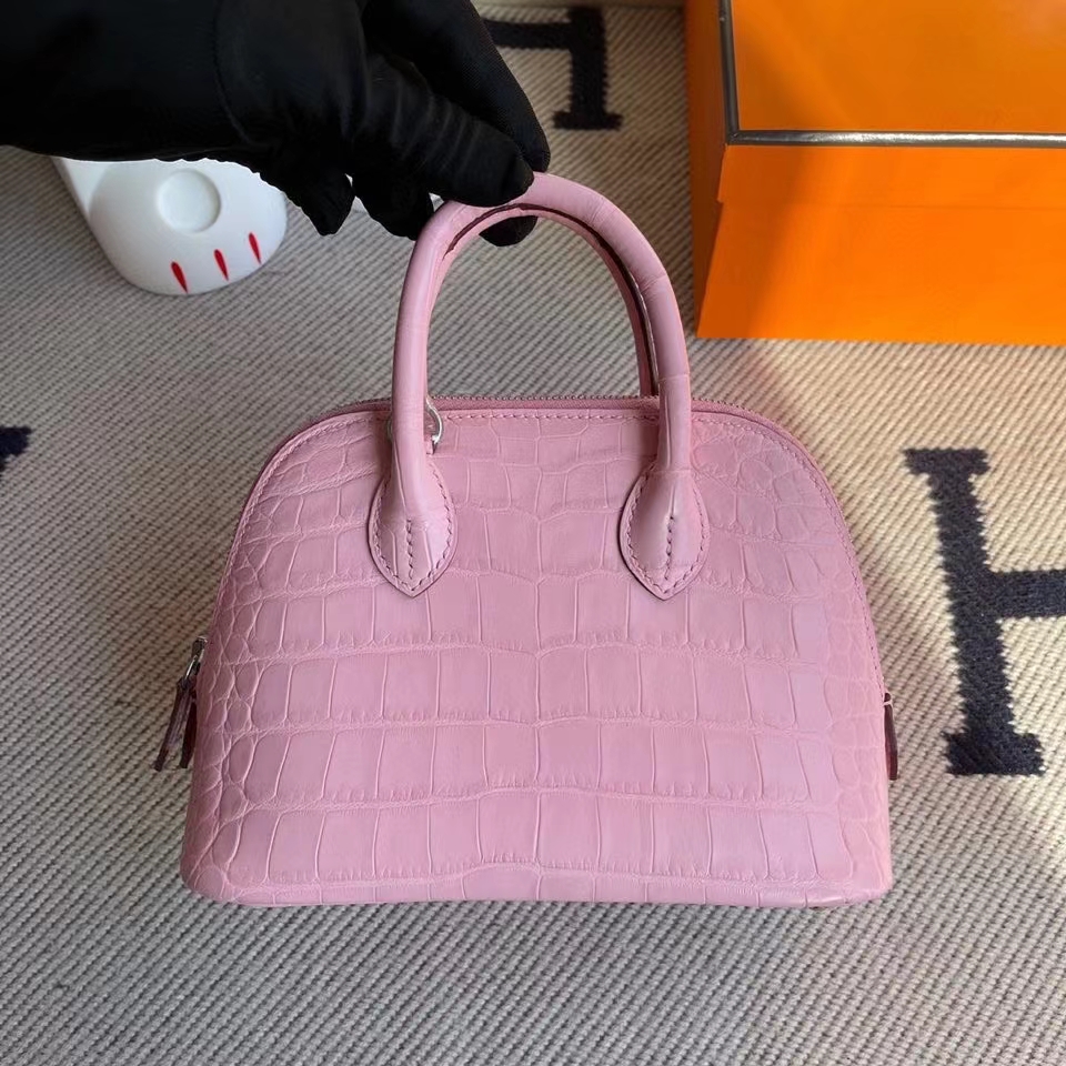 Hermès（爱马仕）Mini Bolide Alligator matt 雾面鳄鱼 5p 樱花粉 银扣 顶级手缝 现货