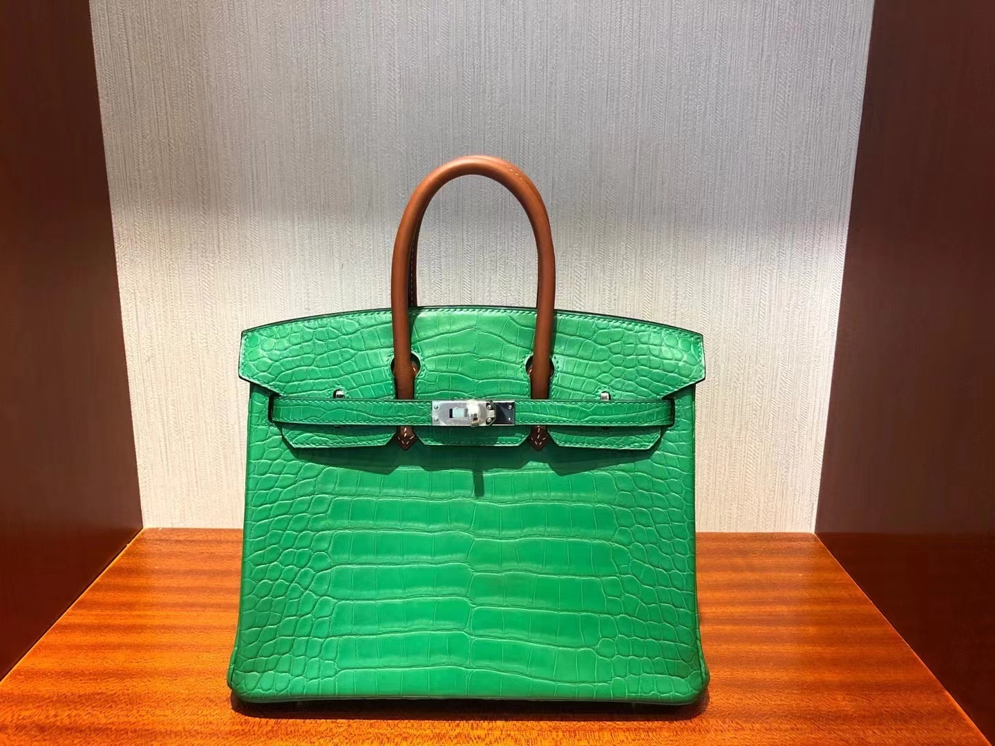 Hermès（爱马仕）Birkin 25cm Alligator matt 竹子绿拼马鞍皮棕色手腕 银扣 顶级手缝