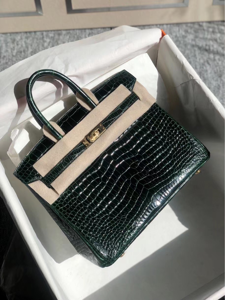 Hermès（爱马仕）Birkin 25cm Porosus shiny 亮面澳洲鳄鱼 祖母绿 金扣 顶级手缝 现货