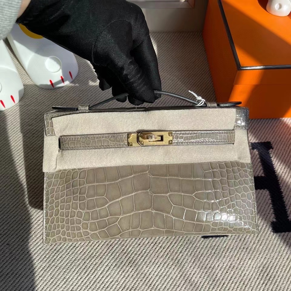 Hermès（爱马仕）Mini kelly pochette 22cm Alligator shiny 亮面鳄鱼 ck81 斑鸠灰 金扣 顶级手缝 晚宴包