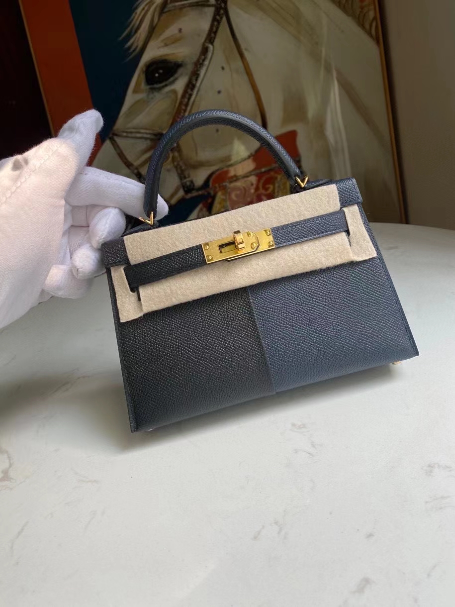 Hermès（爱马仕）Mini kelly ll Epsom 原厂掌纹皮 ck89 黑色午夜蓝 拼 B3坦桑尼亚蓝 金扣 顶级手缝 现货