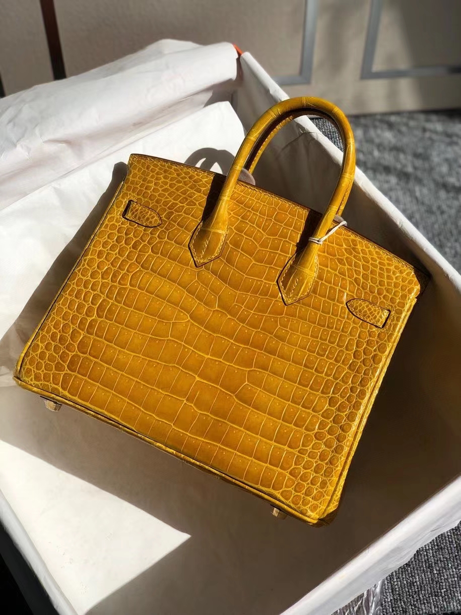 Hermès（爱马仕）Birkin 25cm Porosus shiny 亮面澳洲鳄鱼 9Ｄ 琥珀黄 Ambre 金扣 顶级手缝 现货