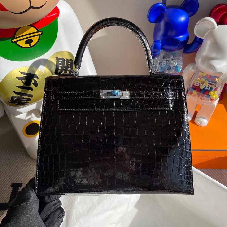 Hermès（爱马仕）Kelly 25cm Crocodile shiny 亮面鳄鱼 ck89 黑色 noir 银扣 顶级手缝 现货