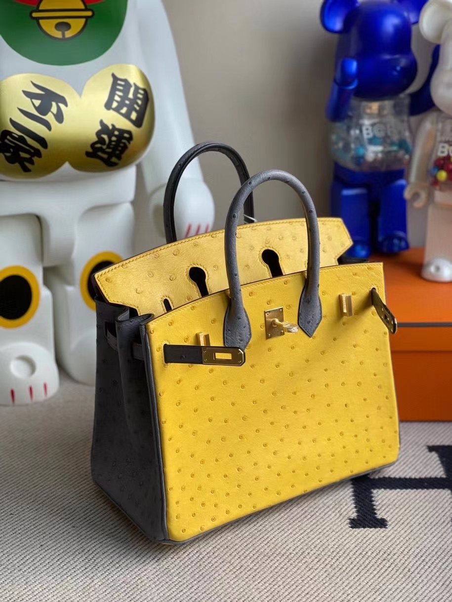 Hermès（爱马仕）Birkin 25cm Ostrich kk鸵鸟9Ｄ琥珀黄 拼 玛瑙灰 金扣 马蹄印 顶级手缝