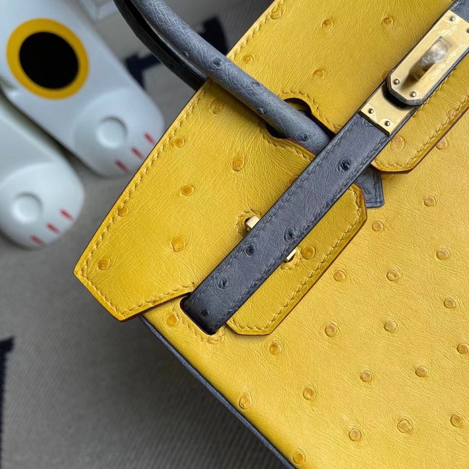 Hermès(爱马仕)Birkin 25cm Ostrich kk鸵鸟9D琥珀黄 拼 玛瑙灰 金扣 马蹄印 顶级手缝-拉尔森鳄鱼皮具定制 - 爱马仕包包官网 Hermès(爱马仕)Birkin 25cm Ostrich kk鸵鸟9D琥珀黄 拼 玛瑙灰 金扣 马蹄印 顶级手缝