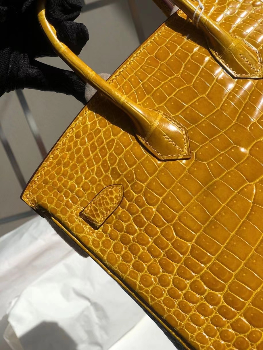 Hermès（爱马仕）Birkin 25cm Porosus shiny 亮面澳洲鳄鱼 9Ｄ 琥珀黄 Ambre 金扣 顶级手缝 现货