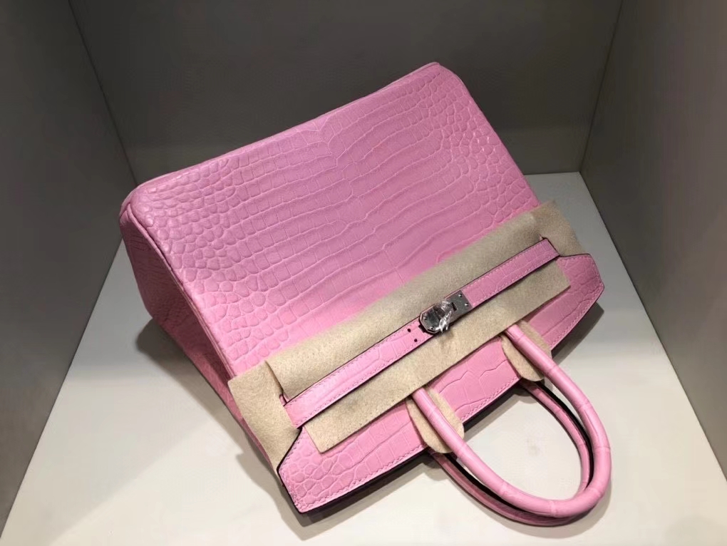 Hermès（爱马仕）Birkin 25cm Porosus shiny 亮面澳洲鳄鱼 5p 樱花粉 银扣 顶级手缝 现货