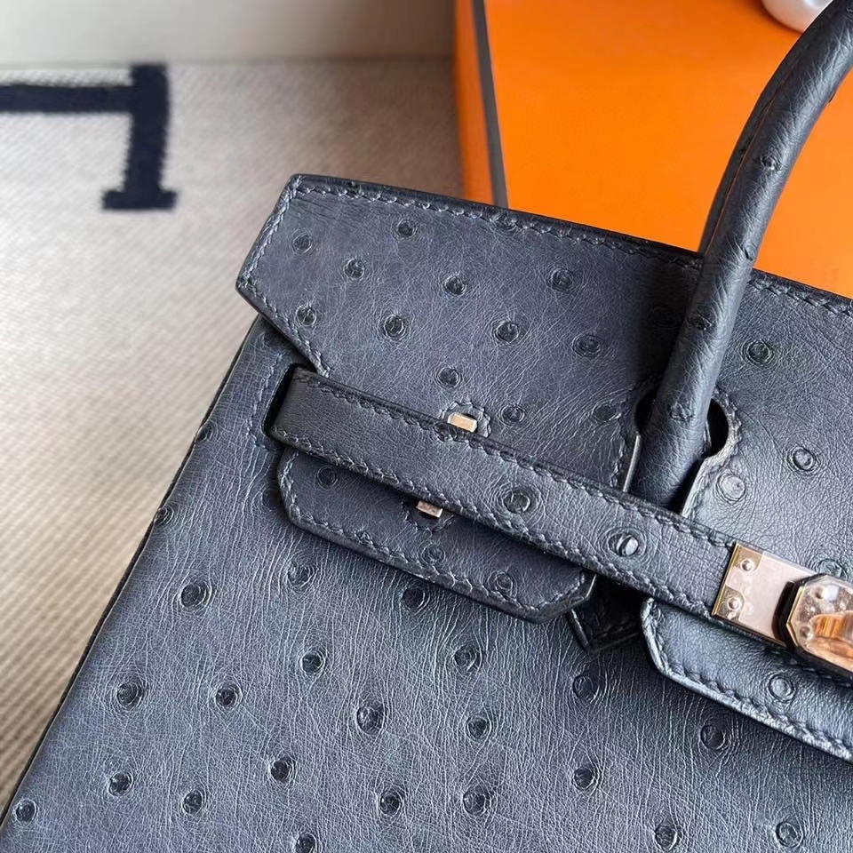Hermès（爱马仕）Birkin 25cm Ostrich kk鸵鸟 午夜蓝 玫瑰金扣 rose gold