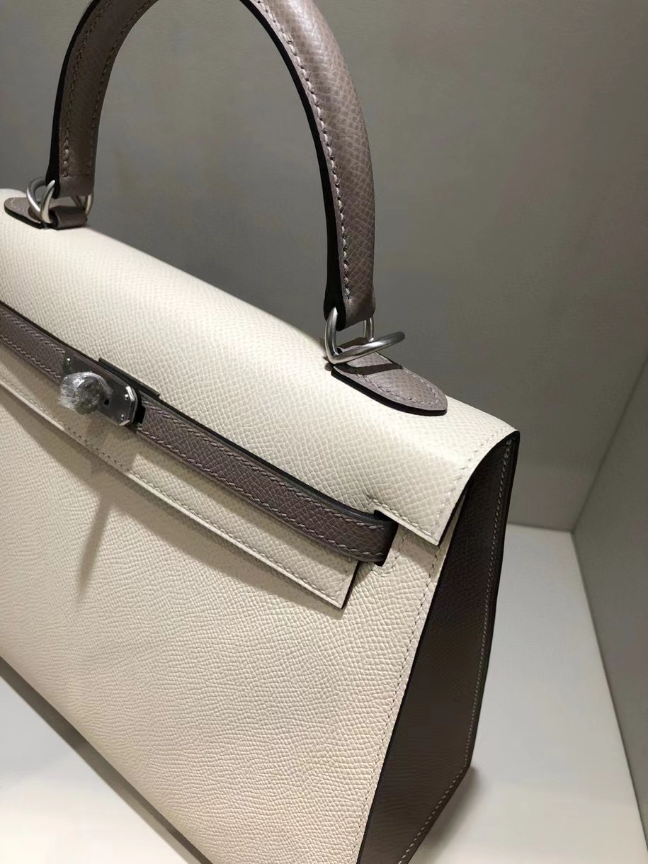 Hermès（爱马仕）Kelly 25cm Epsom 原厂掌纹皮 ck10 奶昔白Craie  M8 沥青灰 gris ashpite 拉丝银扣