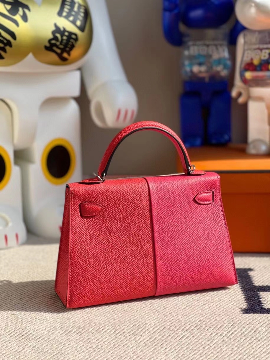 Hermès（爱马仕）Mini kelly ll Epsom 原厂掌纹皮 极致粉心红色 内拼 坦桑尼亚蓝 银扣 顶级手缝 现货