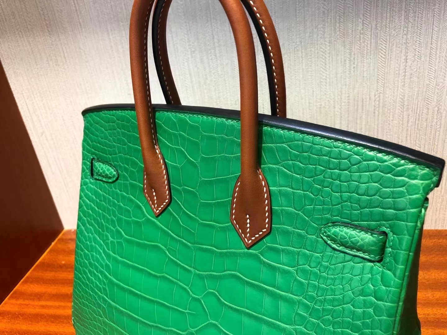Hermès（爱马仕）Birkin 25cm Alligator matt 竹子绿拼马鞍皮棕色手腕 银扣 顶级手缝