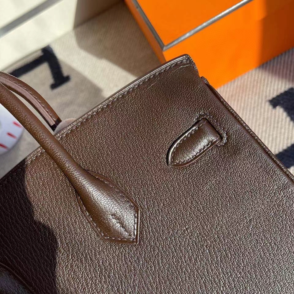 Hermès（爱马仕）Birkin 25cm chevre 山羊皮 乌木色内拼橙色 拉丝银扣 定制
