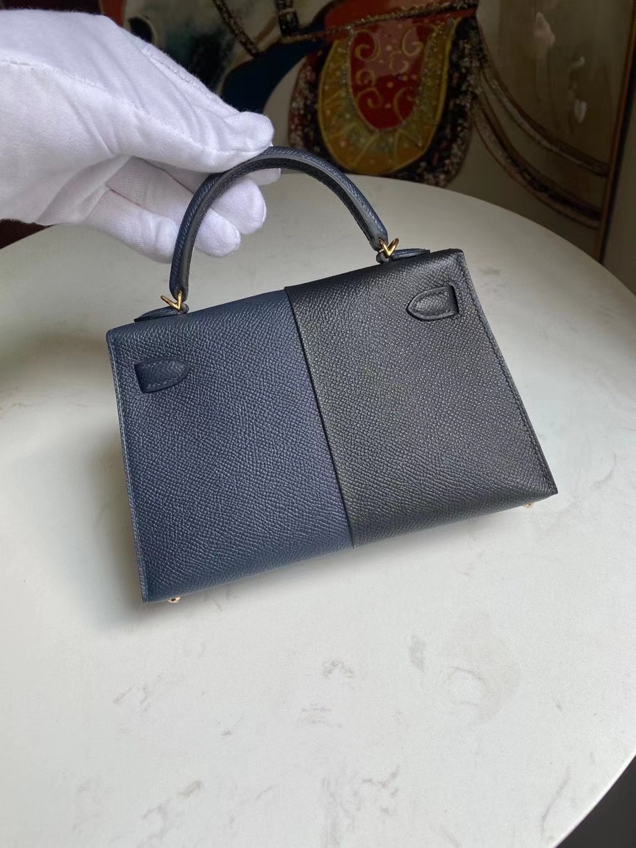 Hermès（爱马仕）Mini kelly ll Epsom 原厂掌纹皮 ck89 黑色午夜蓝 拼 B3坦桑尼亚蓝 金扣 顶级手缝 现货